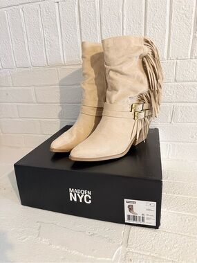Madden NYC Women's Tan Suede Fringe Mid-Calf Heeled Boots